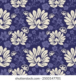 Silhouette ikat floral pattern. Vector ikat whimsical all over flowers seamless pattern. Watercolor ikat floral pattern use for fabric, textile, home decoration elements, upholstery, wrapping, etc.