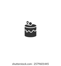 Silhouette Illustrated minimalistic icon representing a cake with icing detailing, cherry, and a green leaf.