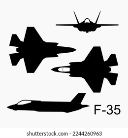 Silhouette illustration of aa Lightning II Aircraft. Black and white icon of military aircraft. Vector logo