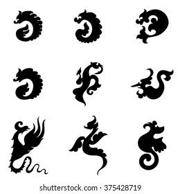 Silhouette illustration of abstract mythical animals. Set of dragons.