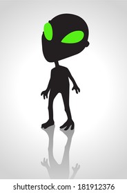 Silhouette illustration of an alien with glowing green eyes