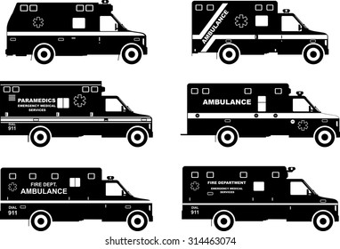 Silhouette illustration of ambulance cars isolated on white background.