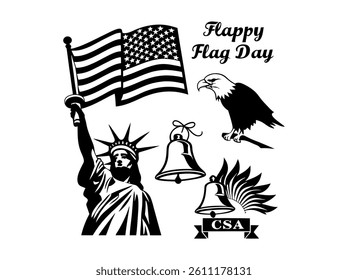 Silhouette illustration of Americans raising the flag on Flag Day. A graphic design featuring stylized silhouettes of a boy and a girl holding American flags, set against a white background.