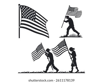Silhouette illustration of Americans raising the flag on Flag Day. A graphic design featuring stylized silhouettes of a boy and a girl holding American flags, set against a white background.