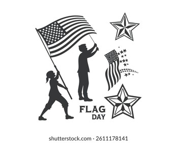 Silhouette illustration of Americans raising the flag on Flag Day. A graphic design featuring stylized silhouettes of a boy and a girl holding American flags, set against a white background.