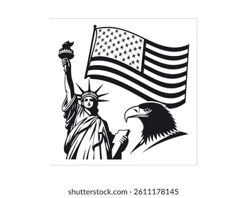 Silhouette illustration of Americans raising the flag on Flag Day. A graphic design featuring stylized silhouettes of a boy and a girl holding American flags, set against a white background.