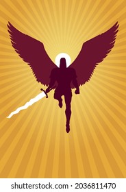 Silhouette illustration of Archangel Michael flying with sword in his hand.