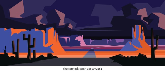 Silhouette illustration of Arizona desert landscape in vivid colors. Cactus in the desert sunset. Stylized vector illustration of a route through the mountain valley