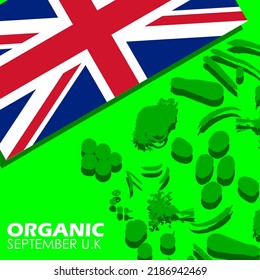 Silhouette illustration of assorted shapes of vegetables and fruits with British flag and bold text on green background to commemorate Organic on September in United Kingdom