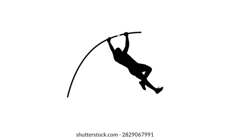 Silhouette illustration of athlete performing pole vault with curved pole in midair, symbolizing strength, balance, technique, sports competition, athletics, and dynamic motion concept