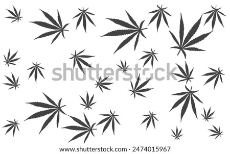 silhouette illustration background of a bunch of falling marijuana leaves, no background