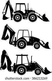 Silhouette illustration of backhoe loaders, heavy equipment and machinery on white background.