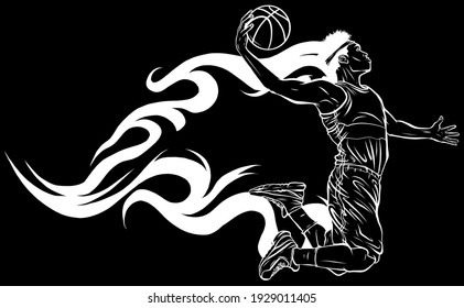 silhouette illustration of Basketball player throws the ball with flames