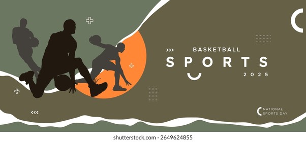 Silhouette illustration of basketball players in action on abstract olive and orange background with 'Sports 2025' text, designed for National Sports Day celebration. Dynamic silhouettes with a modern