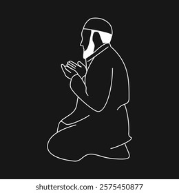 Silhouette Illustration of a Bearded Muslim Man Praying with Raised Hands