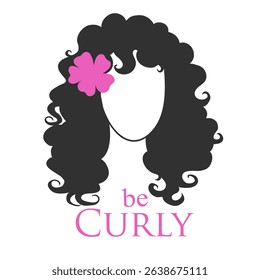 Silhouette illustration of a beautiful woman with curly hair on white background. Template for curly hair care cosmetic logo design. 