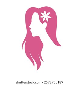 Silhouette illustration of a beautiful woman in profile with long hair. Template for logo beauty design. 