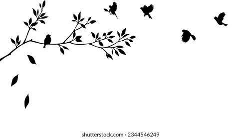 silhouette illustration of birds, tree branch and leaves