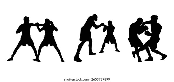 Silhouette illustration of boxers practicing and sparring in various poses. Isolated on white background, perfect for sports and martial arts concepts.