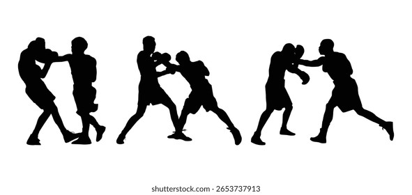 Silhueta ilustração de boxeadores que gaguejam e lançam socos em várias poses de luta sobre fundo branco.