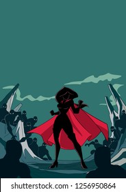 Silhouette illustration of brave cartoon superheroine standing alone in confrontation with the forces of evil as concept for courage and positive power.