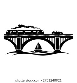 Silhouette illustration of a bridge with a train, car, and boat, showcasing transportation and infrastructure.
