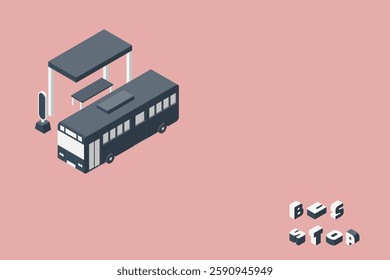 Silhouette illustration of a bus at a bus stop.Isometric material for use in infographics, right side method, copy space available.