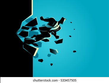 Silhouette illustration of a businessman breaking the wall. Business, breakthrough, success, challenge concept