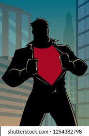 Silhouette illustration of businessman in city, revealing his true identity of powerful superhero.