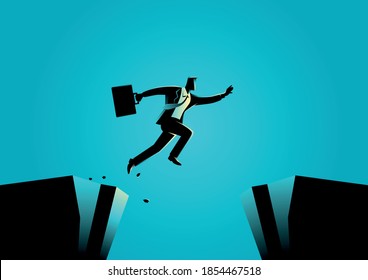 Silhouette illustration of a businessman jumps over the ravine. Challenge, obstacle, optimism, determination in business concept