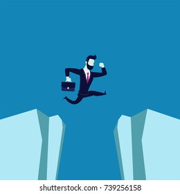 Silhouette illustration of a businessman jumps over the ravine. Challenge, obstacle, optimism, determination in business concept