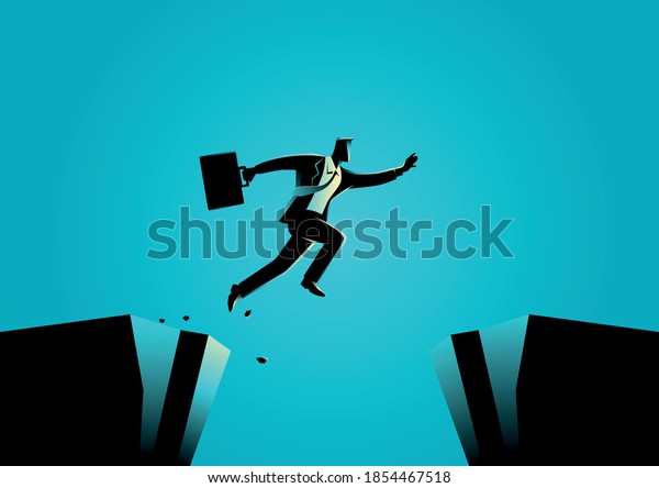 Silhouette illustration of a businessman jumps\
over the ravine. Challenge, obstacle, optimism, determination in\
business concept