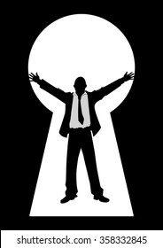 Silhouette illustration of a businessman with open arms seen through from a key hole