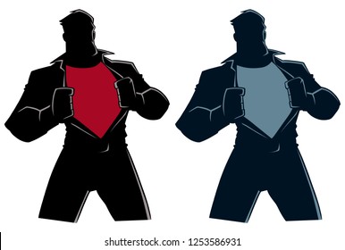 Silhouette illustration of businessman revealing his true identity of powerful superhero.