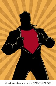 Silhouette illustration of businessman revealing his true identity of powerful superhero.