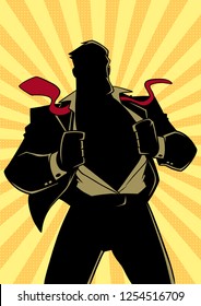 Silhouette illustration of businessman revealing his true identity of powerful superhero.