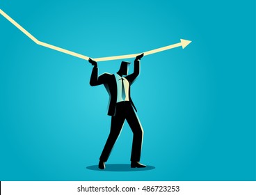 Silhouette illustration of a businessman trying to hold the decreasing graphic chart and make it increase