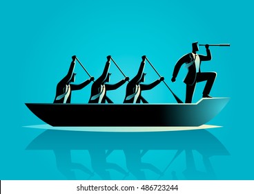 Silhouette Illustration Of Businessmen Rowing The Boat, Teamwork, Success, Leadership In Business Concept