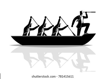 Silhouette Illustration Of Businessmen Rowing The Boat, Teamwork, Success, Leadership In Business Concept