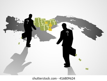 Silhouette illustration of a businessmen with suitcase full with money walking to the map of Panama.