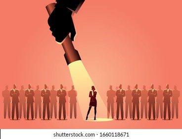 Silhouette illustration of a businesswoman being flash lighted among businessmen. Stand out from the crowd, promotion, candidate, chosen, career, business concept