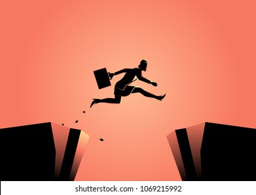 Silhouette illustration of a businesswoman jumps over the ravine. Challenge, obstacle, optimism, determination in business concept