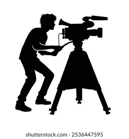 Silhouette illustration of a cameraman operating a professional camera on a tripod