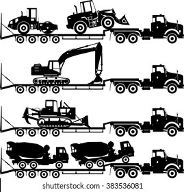 Silhouette illustration of car auto transporter and concrete mixer, bulldozer, excavator, wheel loader, compactor on white background in different positions.