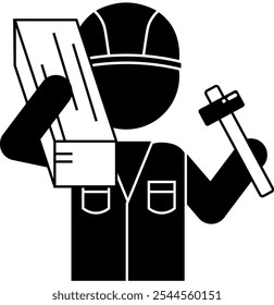 Silhouette illustration of a carpenter holding wood and a hammer