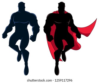 Silhouette illustration of cartoon superhero flying up during mission, on white background and in 2 versions.