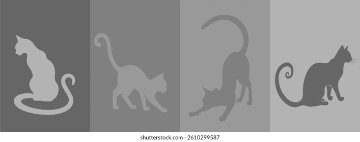 silhouette illustration of cat with various simple aesthetic poses for template, wall decoration
