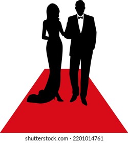 Silhouette illustration of a celebrity couple walking a red carpet