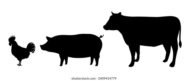 Silhouette illustration of chicken, pig, and cow