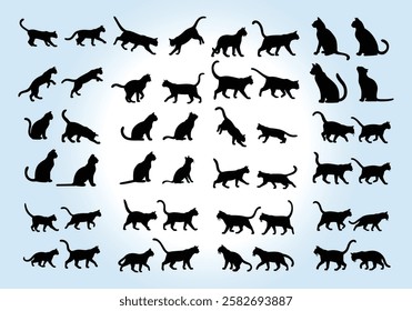 silhouette, illustration, collection, black, cat, domestic, set, animal, isolated, vector, kitten, icon, element, kitty, mammal, pet, tail, outline, feline, graphic, drawing, symbol, cartoon, shape, 